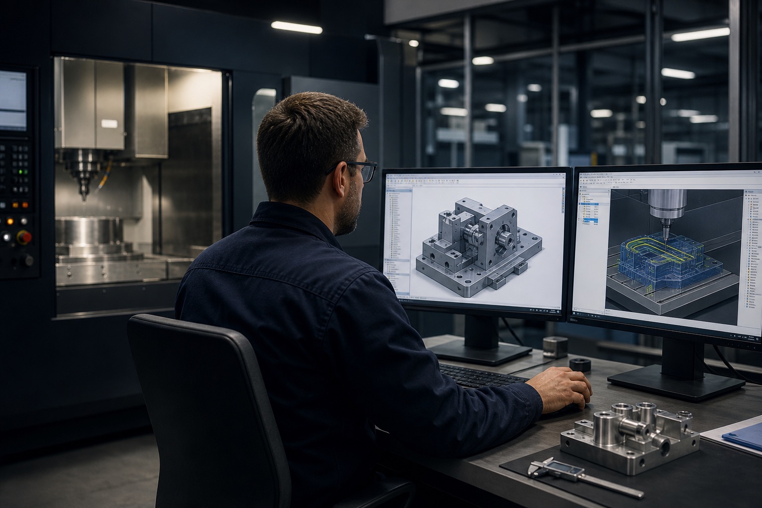 CNC üretim alanında CAD modelleme ve CAM takım yolları üzerinde çalışan mühendis